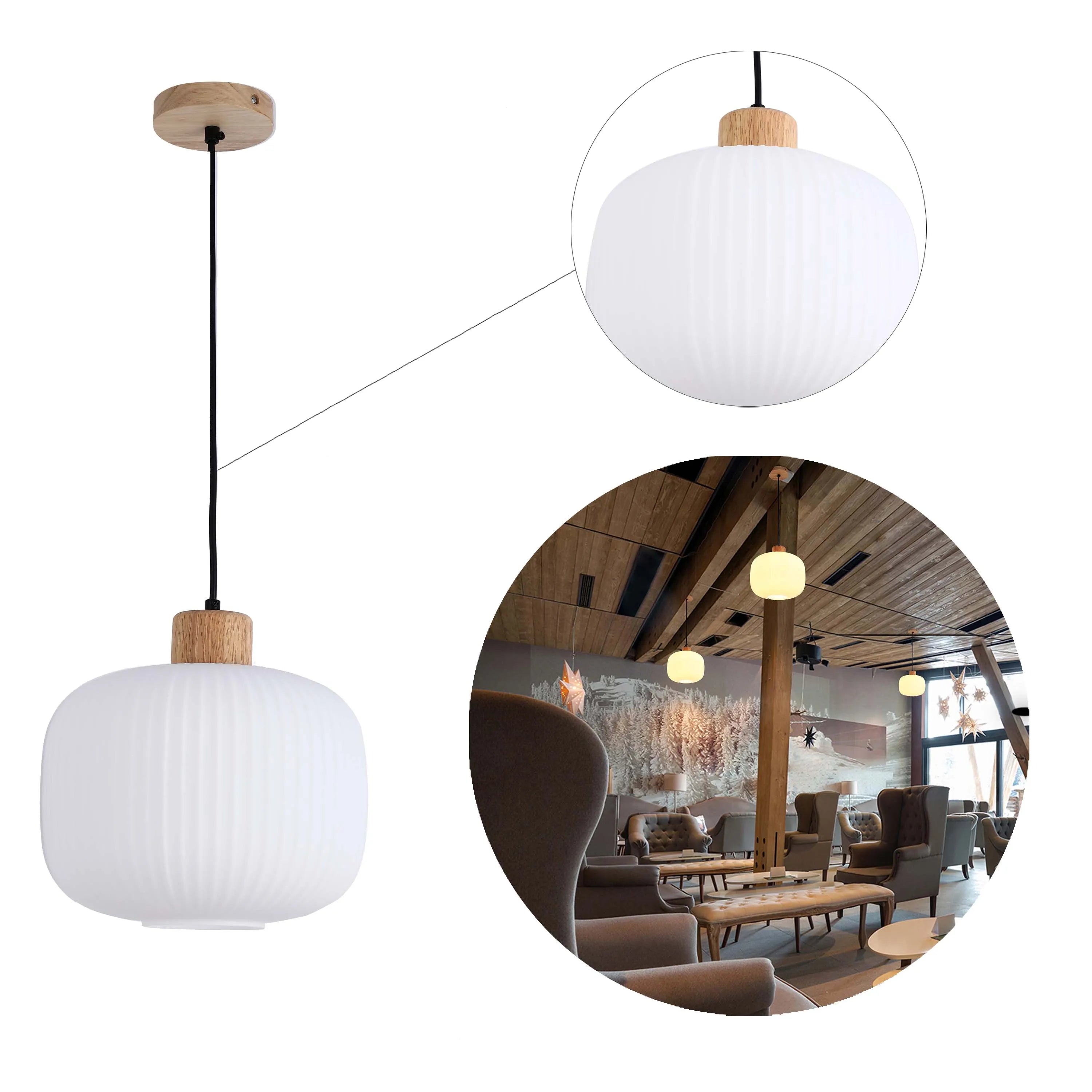 Lámpara Colgante de Vidrio Acanalado Blanco con Detalles en Madera