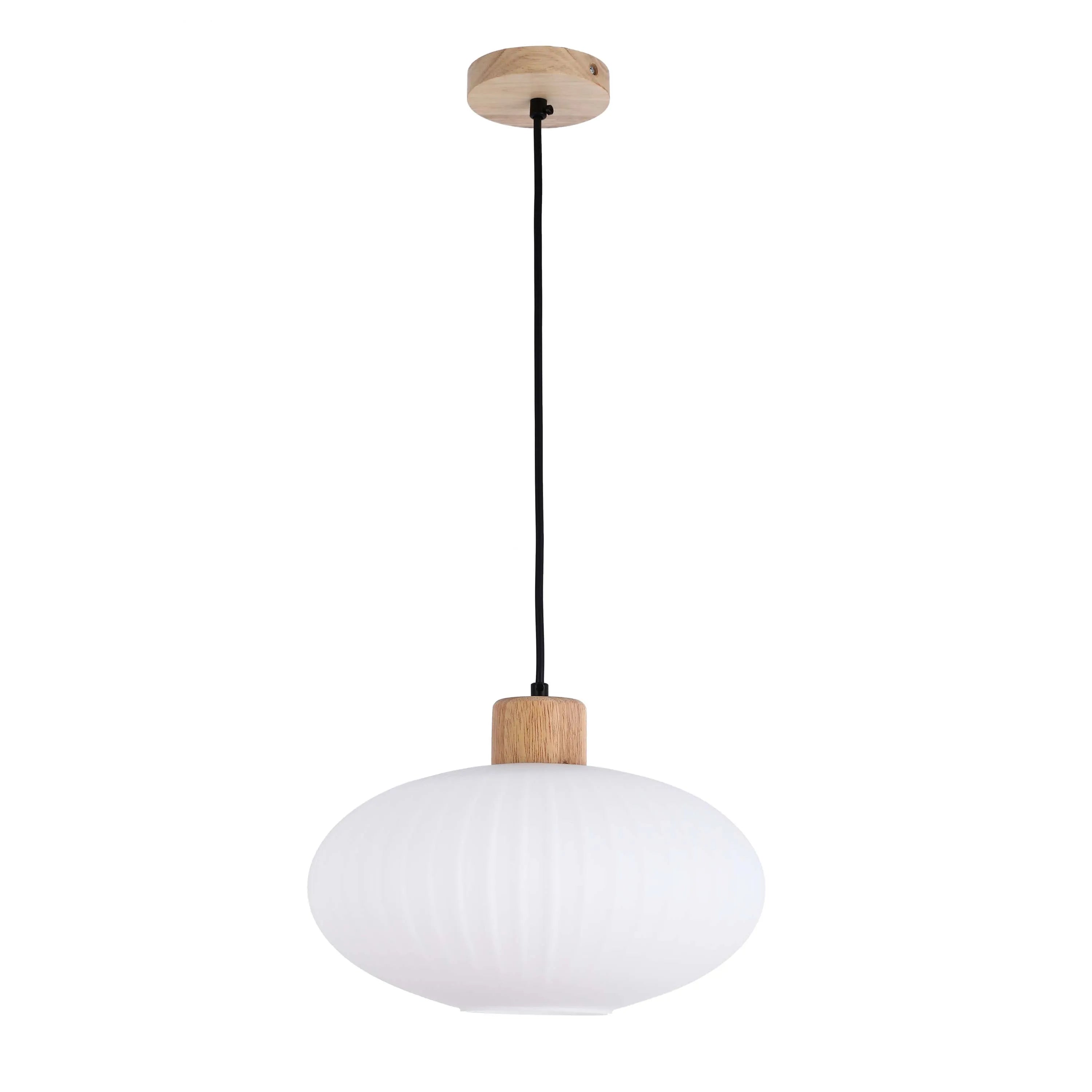 Lámpara Colgante de Vidrio Acanalado Blanco con Detalles en Madera
