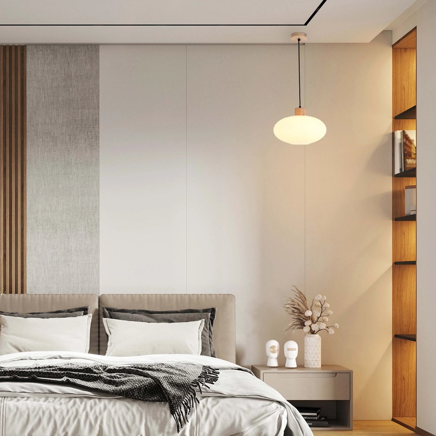 Lámpara Colgante de Vidrio Acanalado Blanco con Detalles en Madera