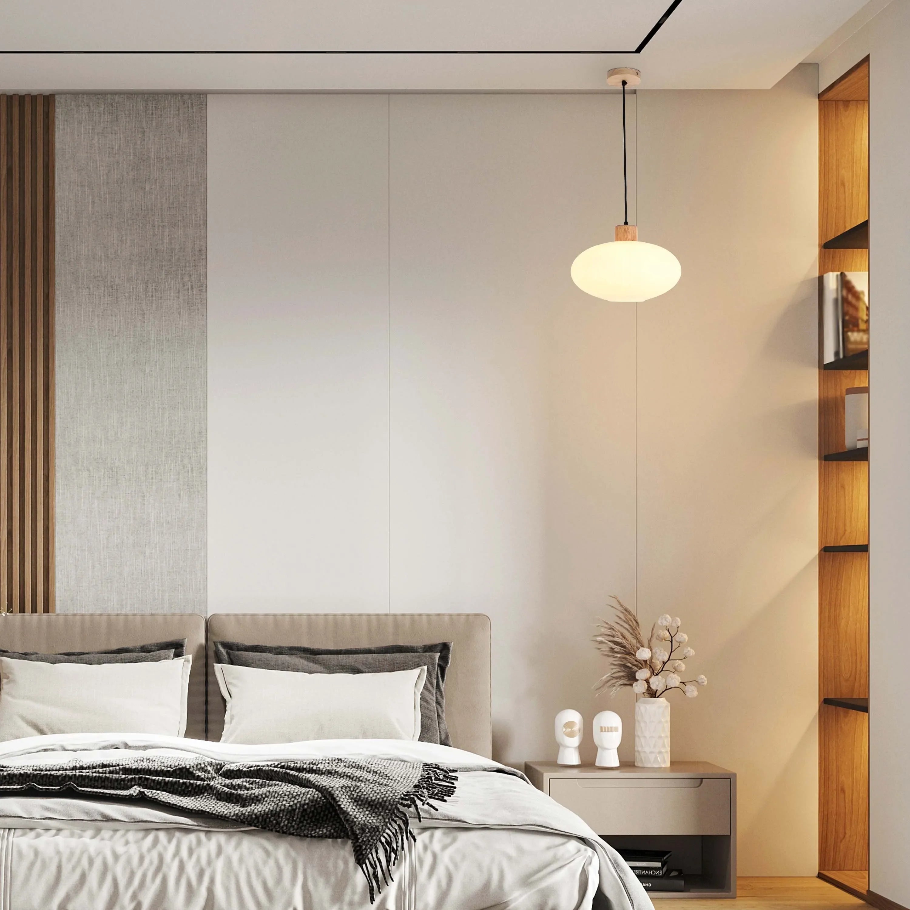 Lámpara Colgante de Vidrio Acanalado Blanco con Detalles en Madera
