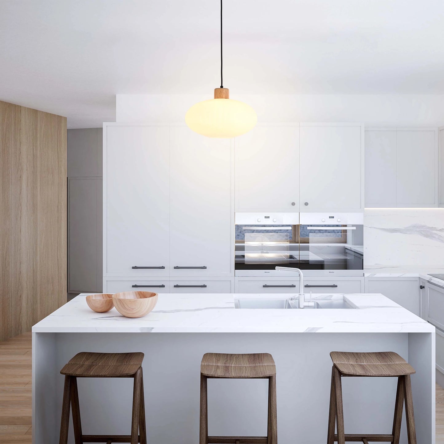 Lámpara Colgante de Vidrio Acanalado Blanco con Detalles en Madera
