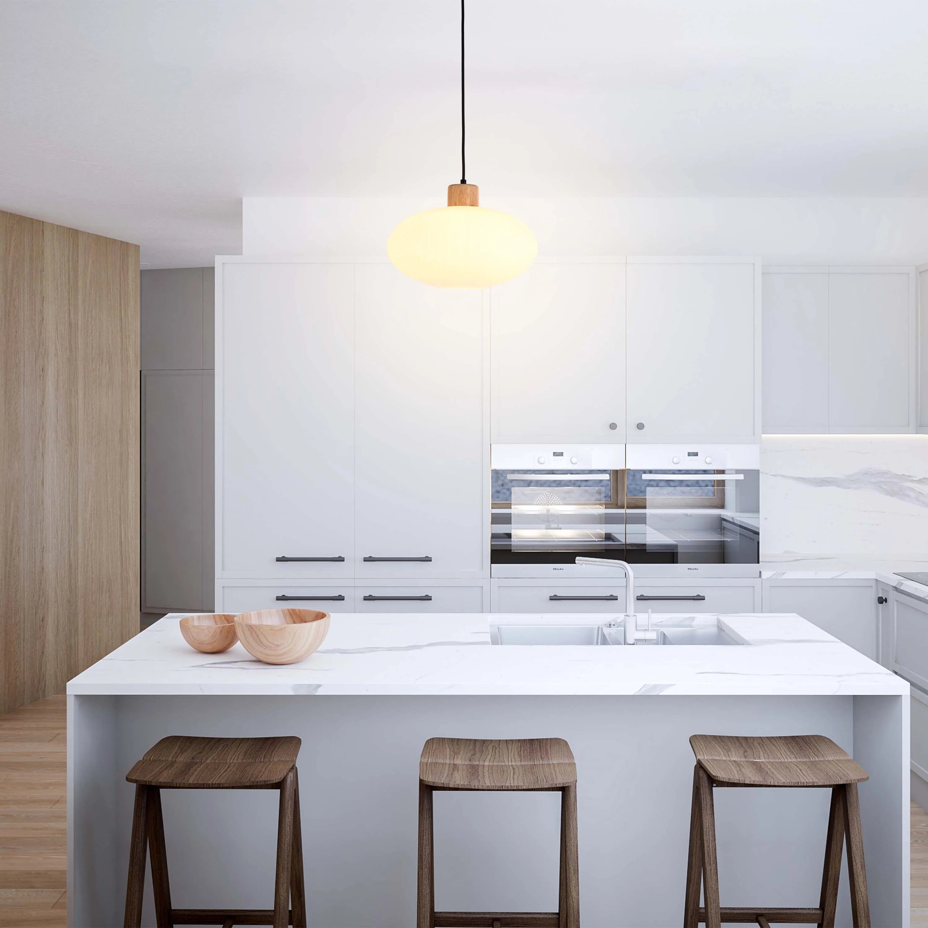 Lámpara Colgante de Vidrio Acanalado Blanco con Detalles en Madera