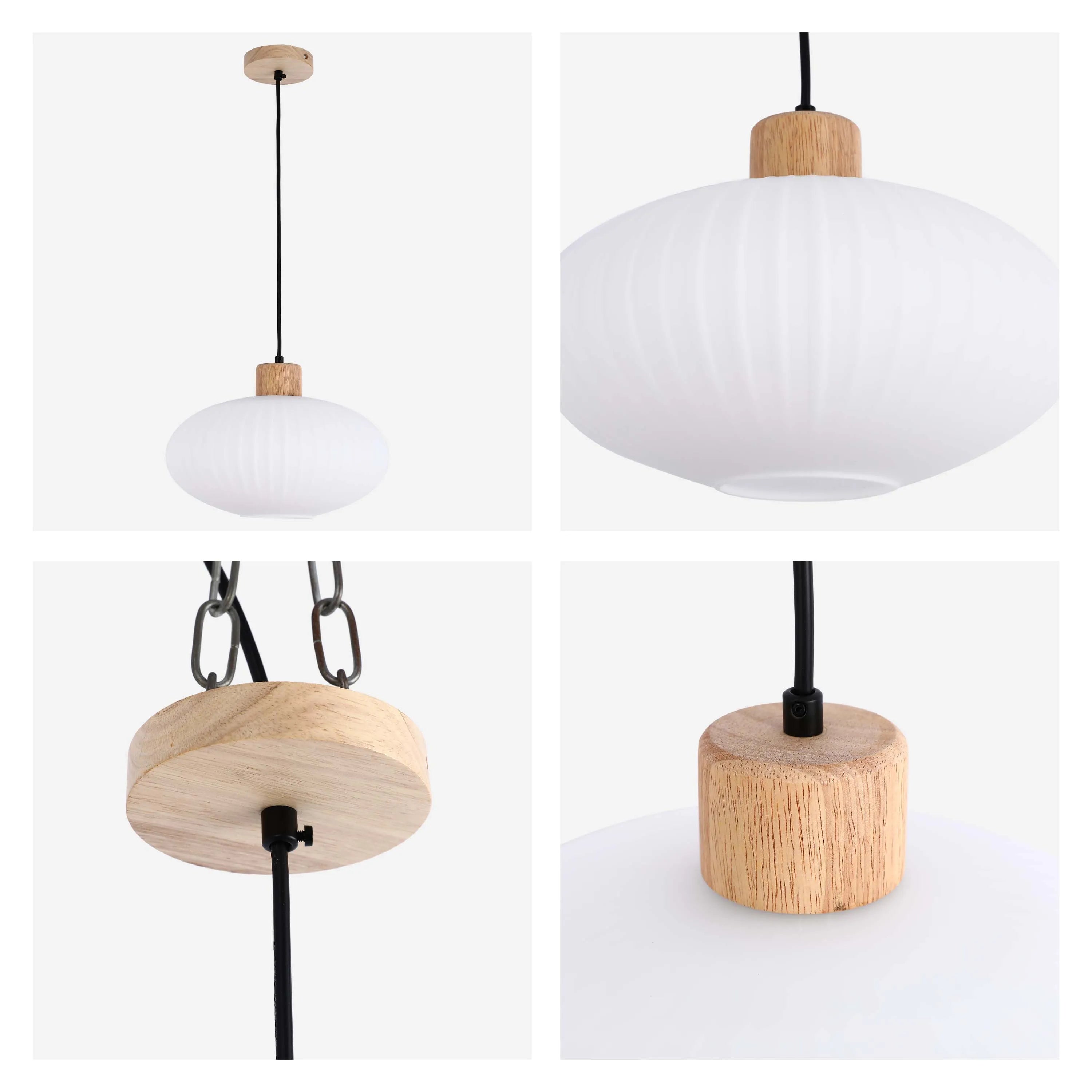 Lámpara Colgante de Vidrio Acanalado Blanco con Detalles en Madera