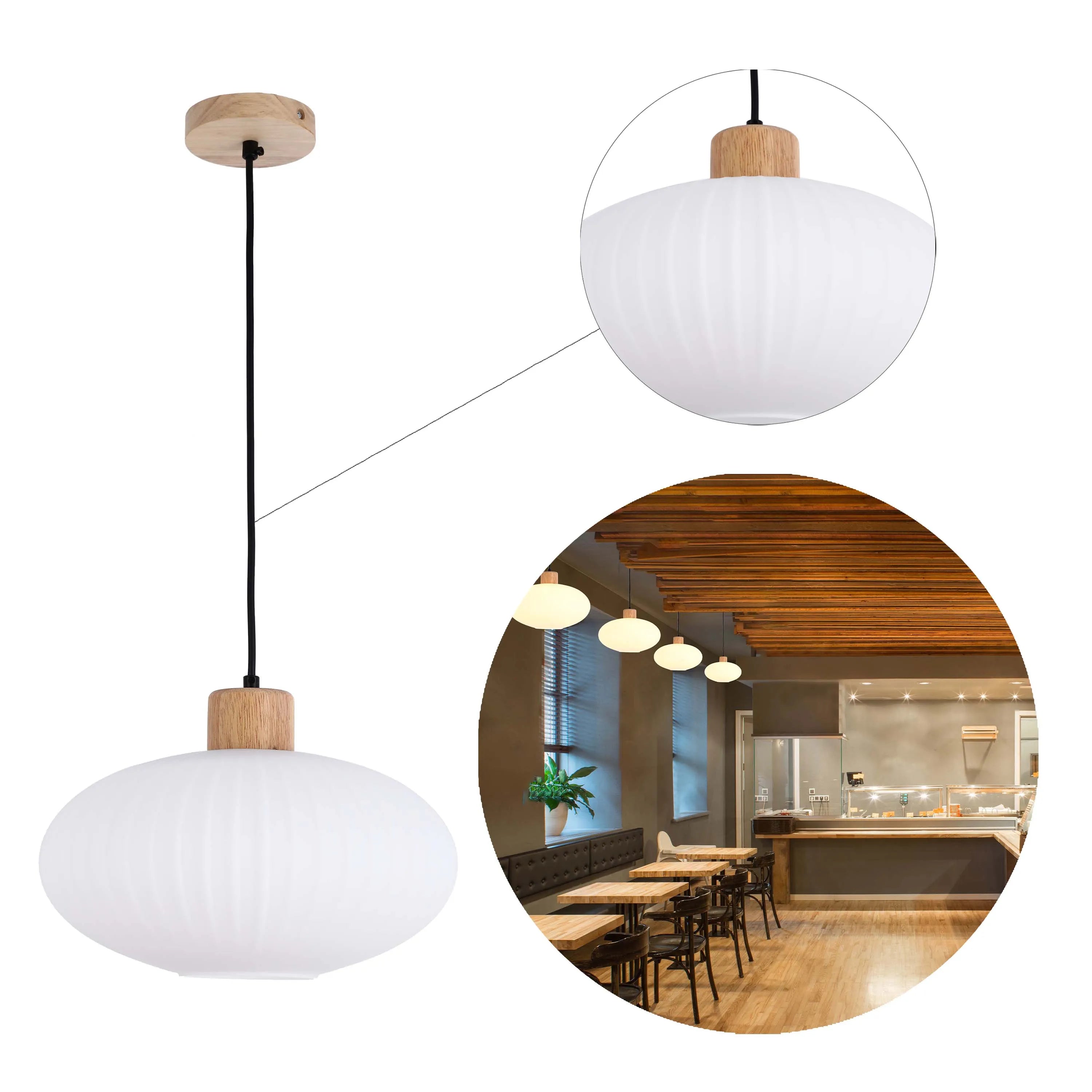 Lámpara Colgante de Vidrio Acanalado Blanco con Detalles en Madera