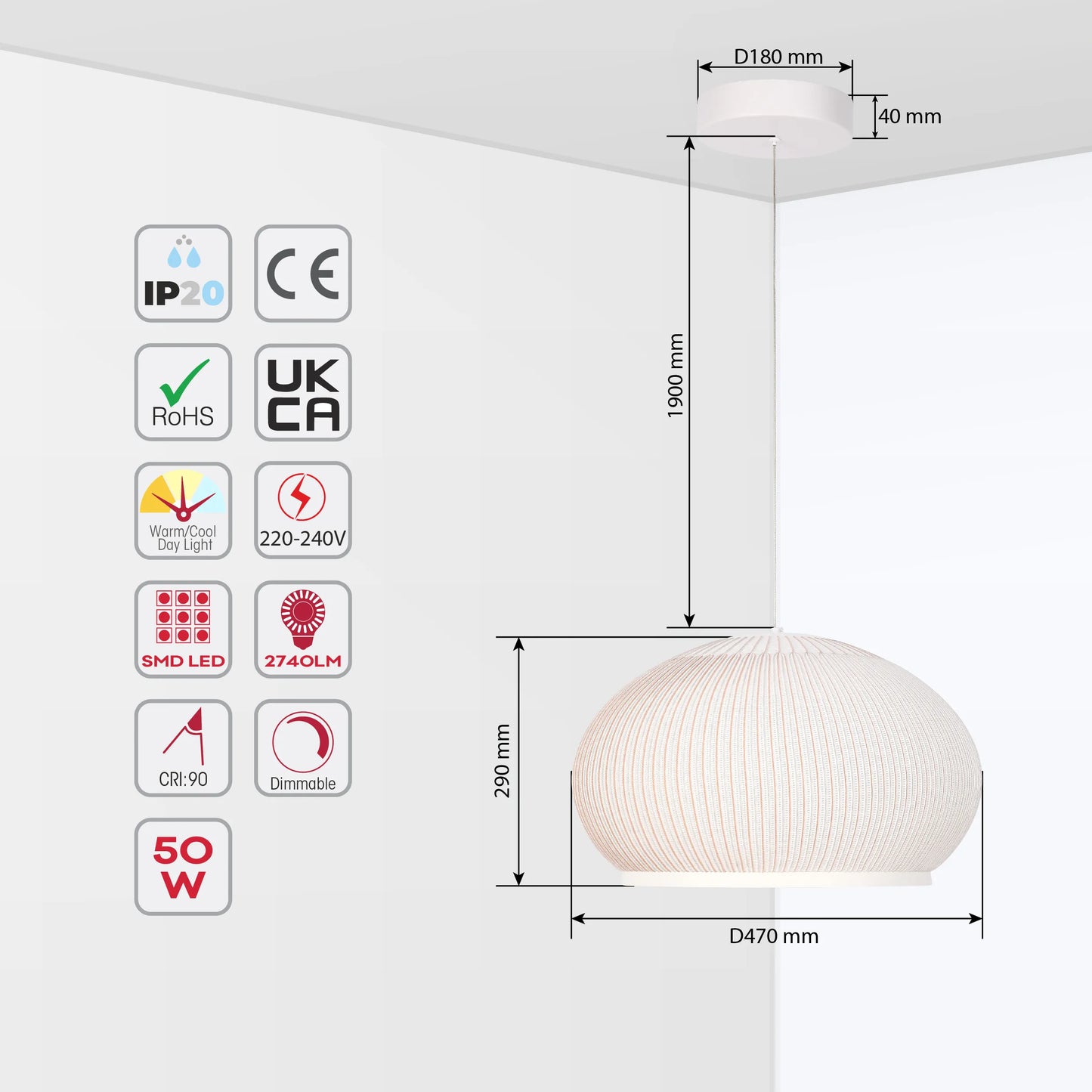 White Ribbed Knitted Fabric Pendant Light 470mm Diameter Ceiling Lamp 3000-6000K
